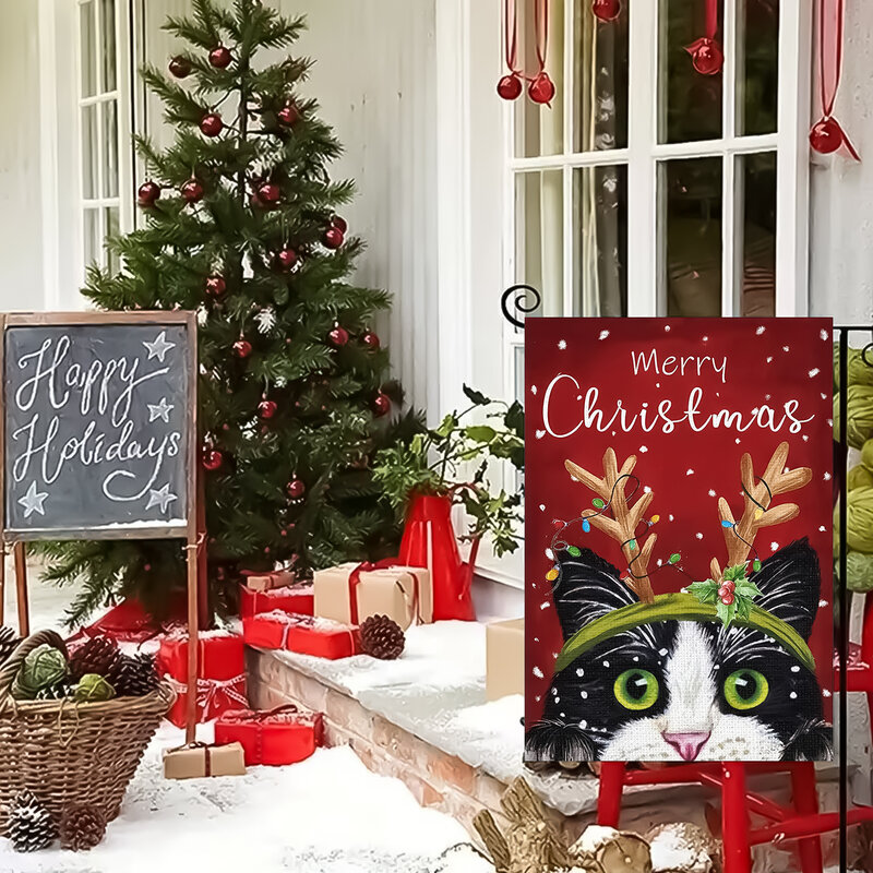 両面プリントガーデンフラッグ、クリスマスツリー、キャットパターンフラッグ、ファームヤード装飾、旗ポールなし、1個