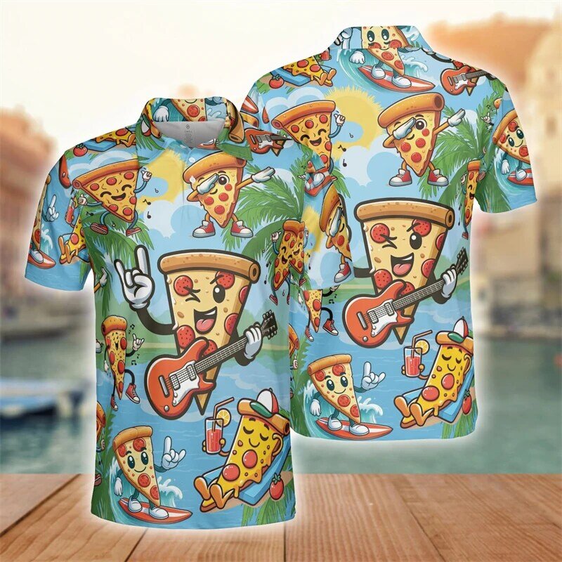 남성용 패션 디자인 피자 3D 프린트 폴로 셔츠, 하라주쿠 동물 반팔, 하와이 휴가 해변 폴로 셔츠 상의