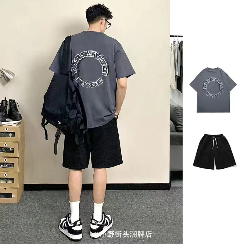 Hot Summer Pure Cotton Print Cargo Shorts T-shirts Shorts  Streetwear Match Loose Tops Man Outdoor Beach Casual Suit