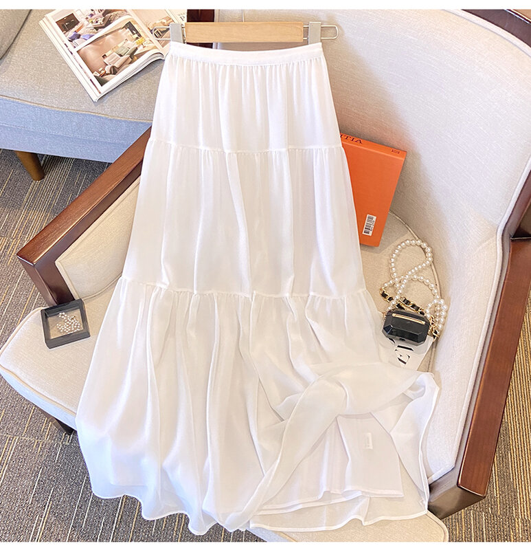 Wisher & Tong Rok Musim Panas Baru Rok Panjang Berlipat Pinggang Tinggi untuk Wanita Fashion 2023 Rok Midi Putih Korea Faldas De Mujer