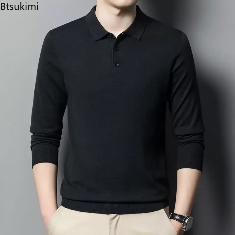New 2024 Men's Casual Cotton Blend Sweater Tops Solid POLO Collar Business Sweater Pullovers Men Simple Wool Knitwear Tops Male
