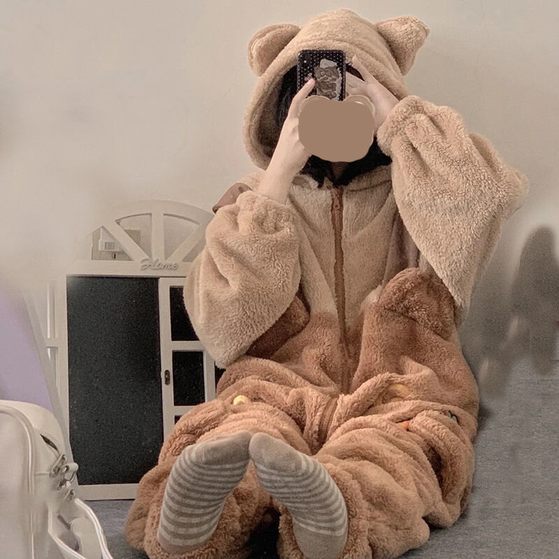 Комбинезон для взрослых в виде медведя, зимняя фланелевая плюшевая Пижама, костюм для косплея на Хэллоуин, Рождественская одежда для сна в виде животного, комбинезон, женский