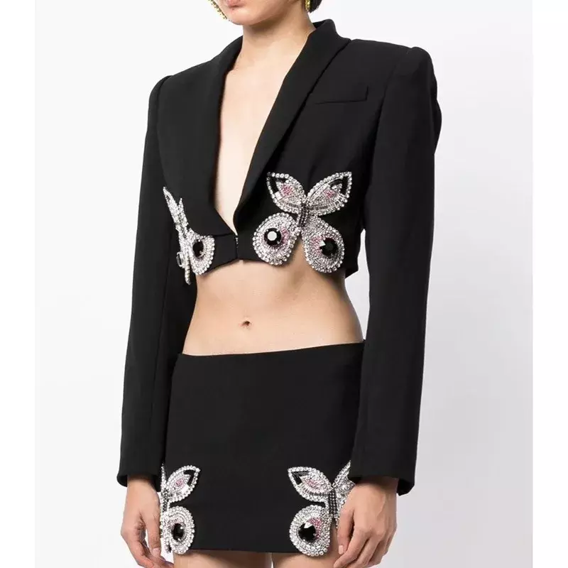 Fashion Notched Long Sleeve Blazer Crop Top Mini Pencil Skirts Women Elegant Party Dress Suit Crystal Butterfly Jacket Skirt Set