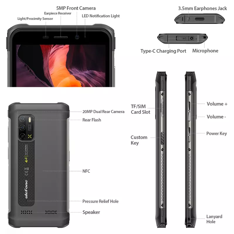 Ulefone-Armadura X10 Pro Smartphone Robusto, 4G, Octa Core, Android 11 Mobile Phone, Câmera de 20MP, 5180mAh Bateria, NFC, 4GB + 64GB, 5,45 pol