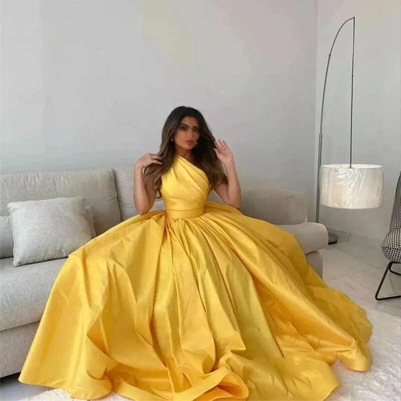 Vintage Simple Yellow A Line Arabic Evening Dresses One Shoulder Split Floor Length Prom Gowns Formal Party DressCL-531