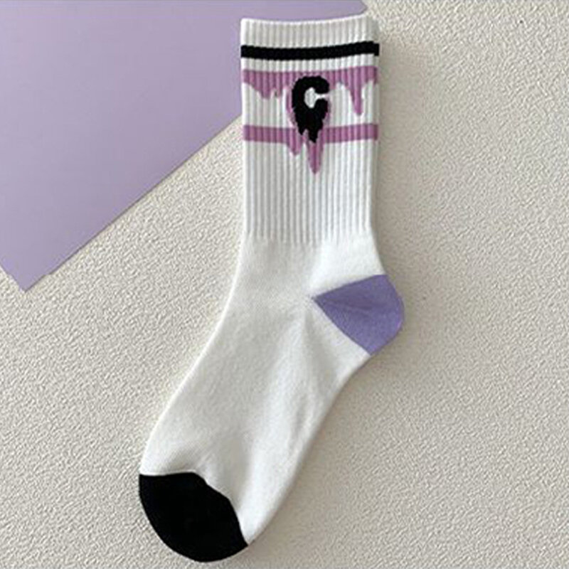 Purple Lovely Socks For Girls Women'S Warm Cotton Socks Medium Tube Autumn Winter Versatile Long Tube Cartoon Sports Stockings