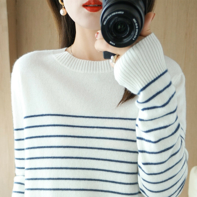 100% cotone maglione lavorato a maglia maglione da donna a righe colore abbinato girocollo di grandi dimensioni temperamento sciolto manica lunga fondo