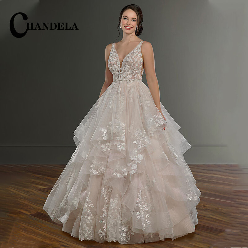 Романтичное свадебное платье CHANDELA с глубоким V-образным вырезом, многослойное ТРАПЕЦИЕВИДНОЕ кружевное платье из тюля с аппликацией и открытой спиной, индивидуальный пошив