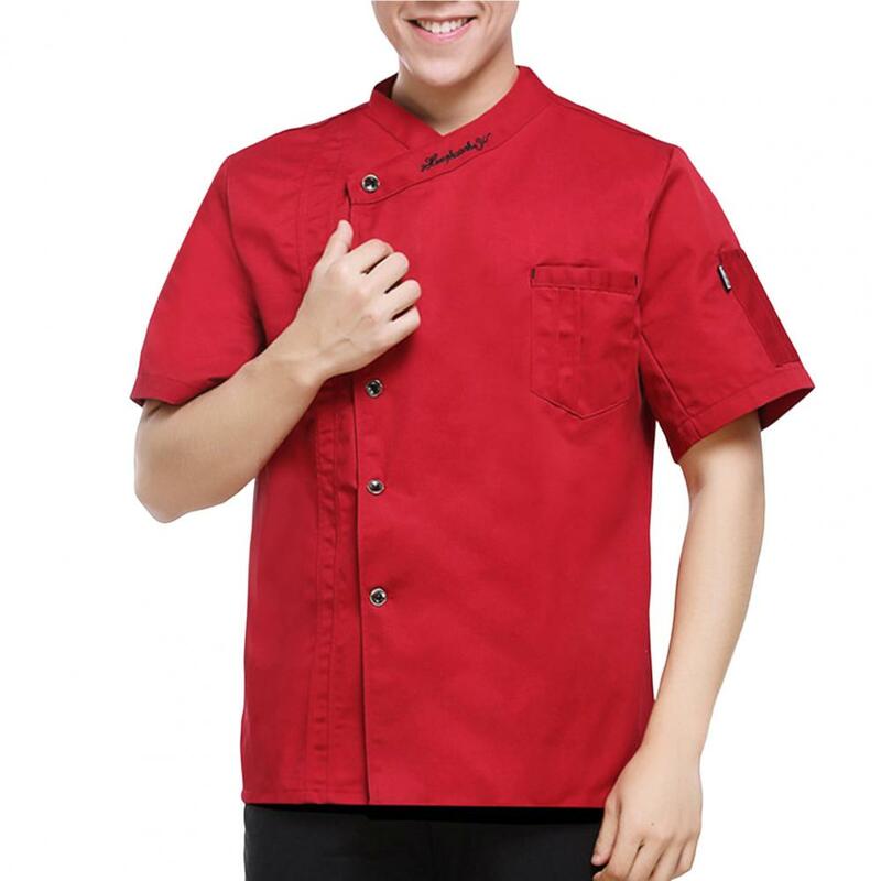 Chef Top Pocket-Botones de cuello alto de una sola botonadura, mangas cortas, Catering, restaurante, Unisex, talla grande, uniforme de Chef, ropa de trabajo