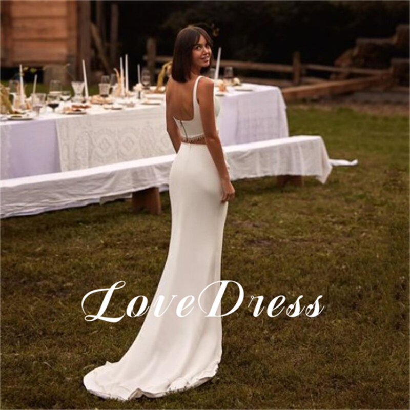 Love Elegant Two Piece Set Stain Mermaid Wedding Dress Simple Square Collar Sleeveless Floor Length Backless Elegant Bridal Gown
