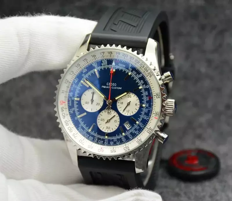 Relógio cronógrafo de quartzo de luxo masculino, aço inoxidável, preto, azul, bracelete de borracha com data, novo