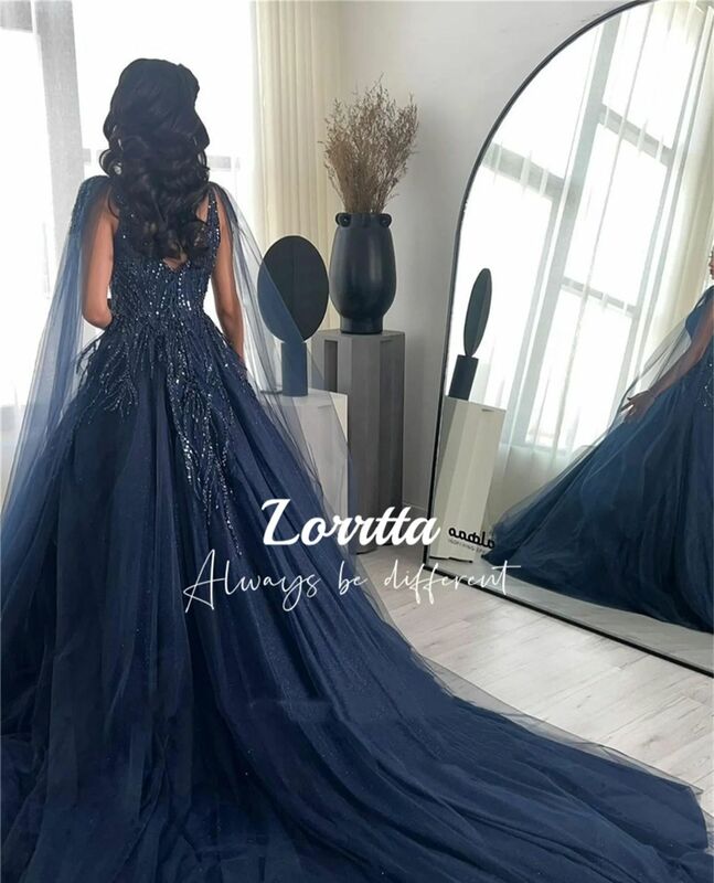 Lorrtta Navy Blue Tulle Dubai Arabic Women Evening Dresses Glitter Lace Tulle Prom Gowns Sparkly Formal Party Occasion Dress