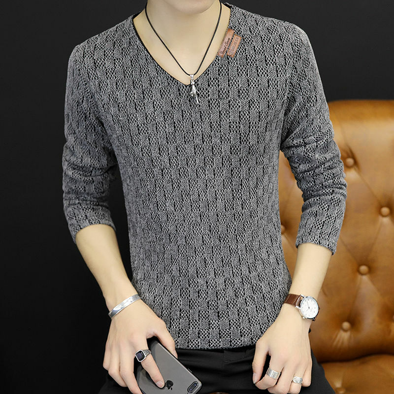 Neue Stil männer Langarm T-shirts für Herbst Winter Koreanische Dünne V-ausschnitt T-shirts Gestrickte Große Top Mode Trend Stickerei
