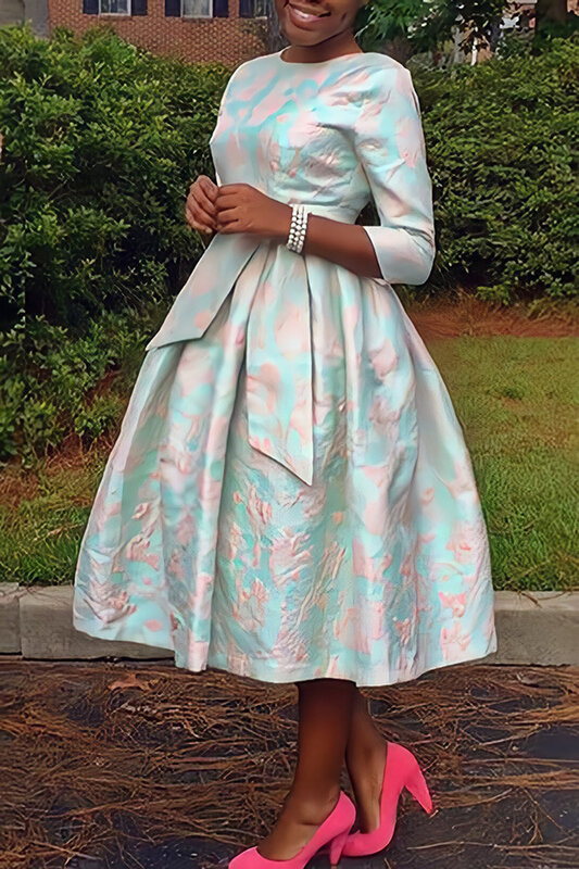 Gaun Afrika untuk wanita musim gugur elegan Afrika lengan 3/4 poliester pesta pernikahan O-neck Midi Dress mode pakaian Afrika