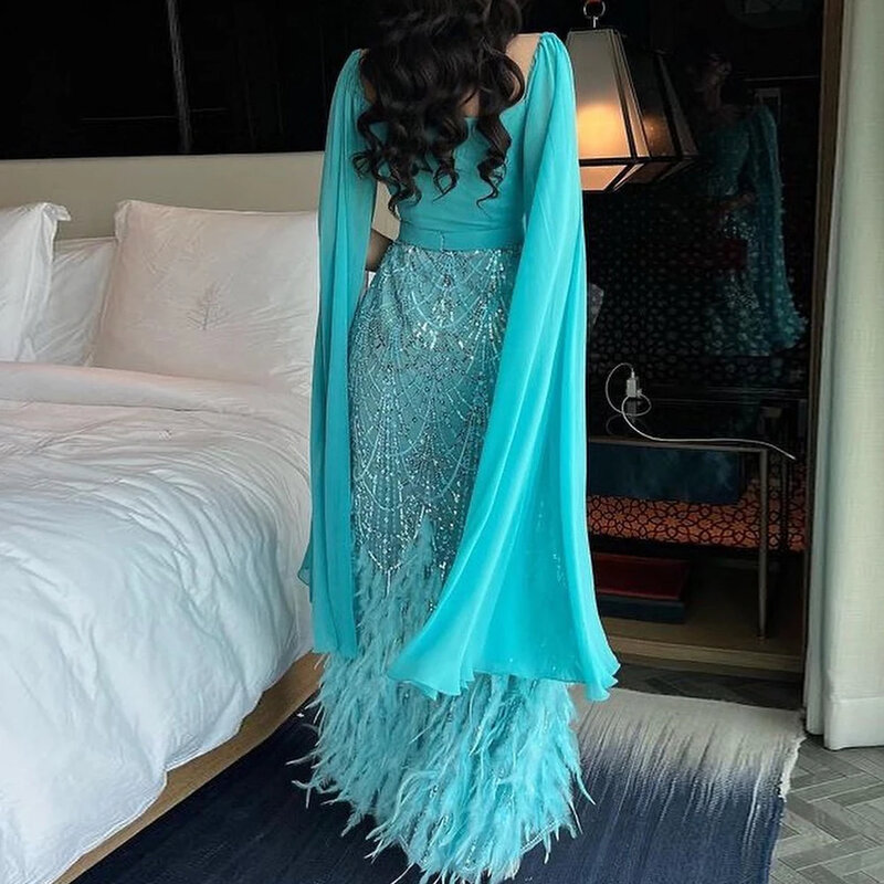 Abiti da sera alla moda con collo quadrato Sexy sirena in raso Dubai arabo con piume abiti da ballo con paillettes personalizzati 2024 muslimlimah