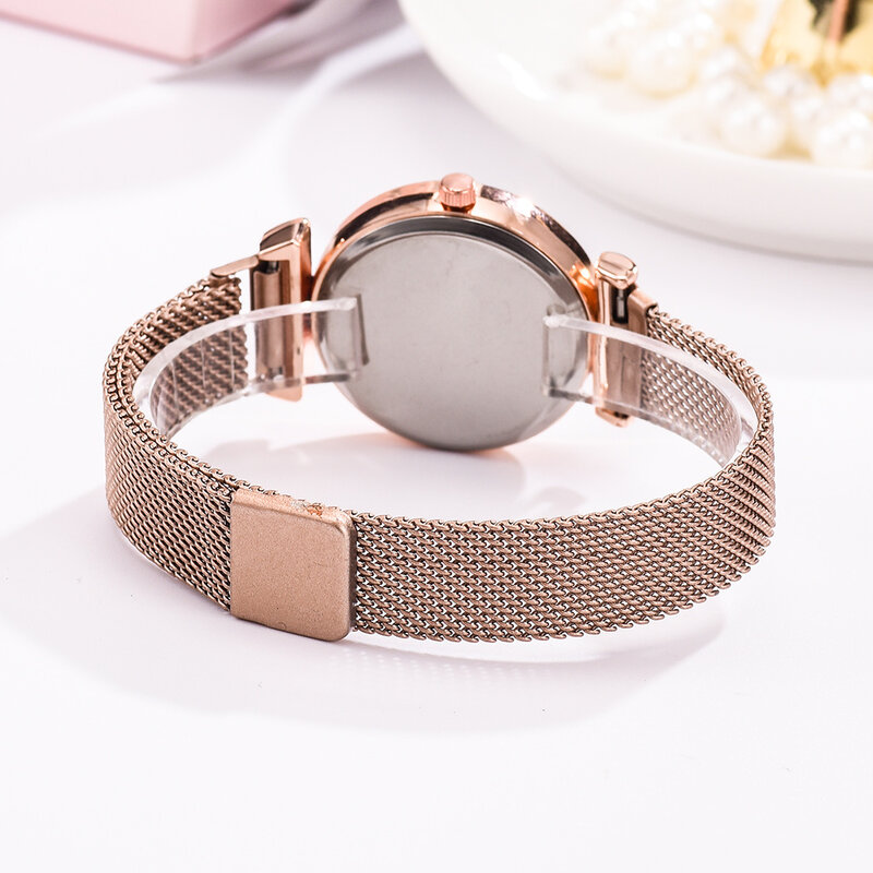 Ensemble de montres à quartz pour femmes, montre magnétique en or rose, montre-bracelet à cadran rose pour dames, horloge féminine