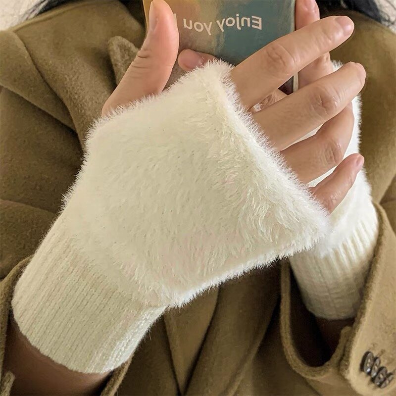 Женские перчатки из меха норки и флиса на полпальца, мягкие зимние теплые перчатки без пальцев, роскошные однотонные Белые Плюшевые Вязаные рукавицы на запястье с надписью