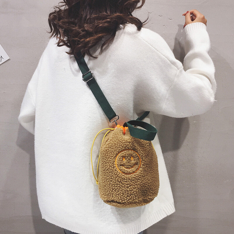 Embroidered Smile Small Shoulder Bags for Women Soft Plush Student Girls Smile Bucket Crossbody Bag Lamb Wool Purse Handbags