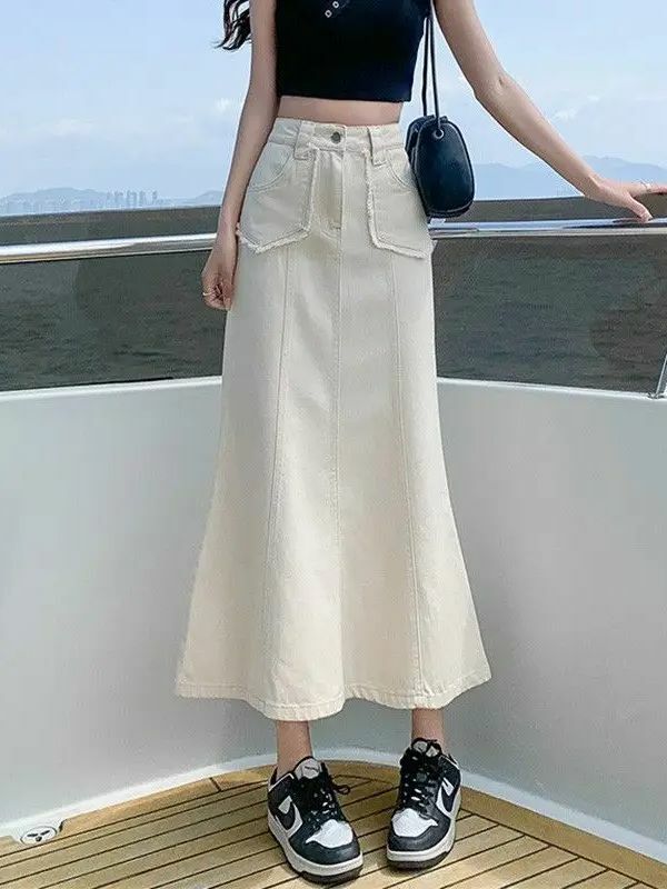 Jeansowa sukienka z rybim ogonem z wysokim stanem spódnica trzy czwarte Casual kieszonkowa damska koreańska letnia moda damska spódnica syrenka kobieta