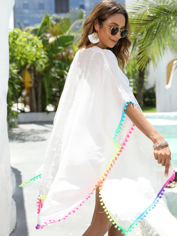 Женское разноцветное солнцезащитное асимметричное пляжное полотенце для отпуска с кисточками и отверстиями, накидка для бикини, новый стиль 2024