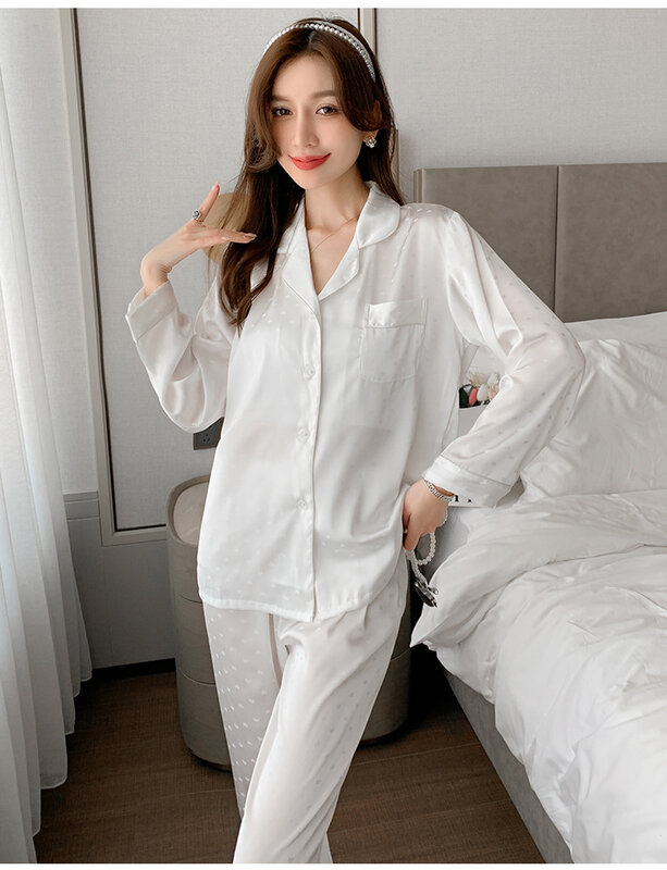 Women's Pajamas Spring Autumn Nightwear Ice Silk Jacquard Long Sleeved Sleepwear Set 2024 New Pijama Mujer Thin Home Clothes
