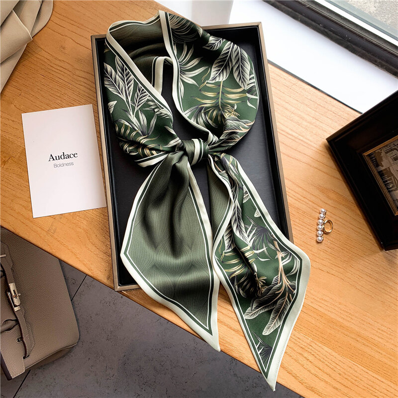 Bufanda fina de seda de lujo para mujer, banda para el pelo con estampado de letras, bolso, cinta Foulard, pañuelo de satén de diseño de doble cara, novedad