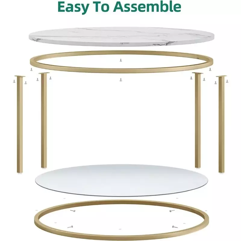 2-Tier Round Coffee Table Marble Center Cocktail Table with Glass Open Storage Shelf, White & Gold