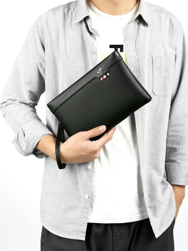 Bolsa de embreagem de couro para homens, carteira com zíper, bolsa quadrada para ipad, bolsa portátil de mão, bolsa designer, moda
