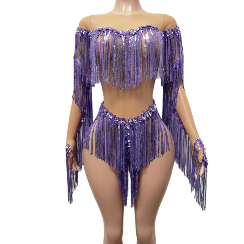 Pakaian bodysuit rumbai berlian imitasi berkilau ungu pakaian Model pertunjukan mode wanita kostum panggung seksi pakaian dansa Jazz Weixiao