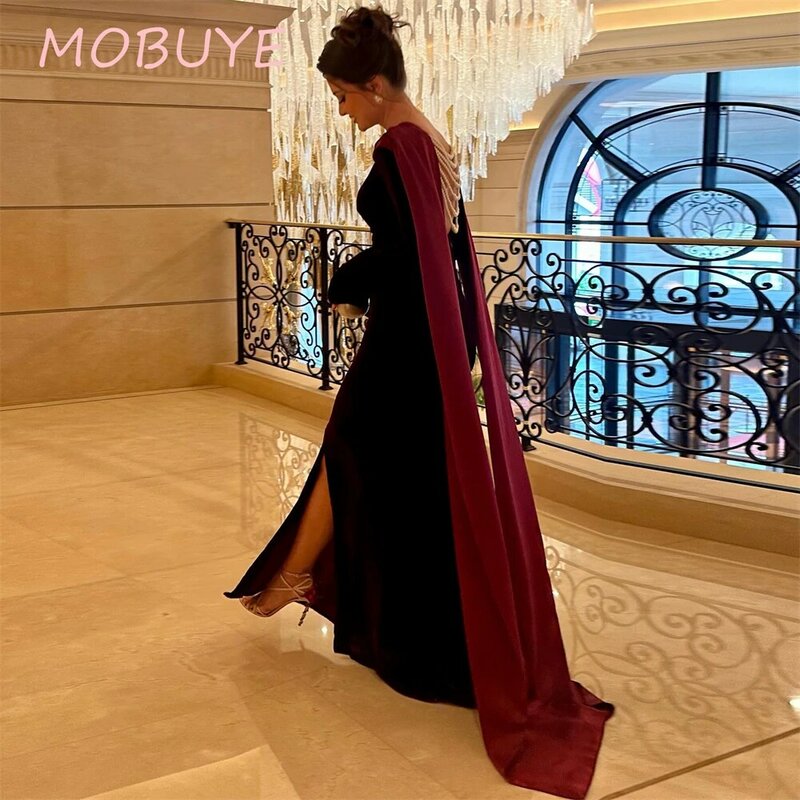 MOBUYE-Elegante vestido de baile até o chão com mangas compridas para mulheres, o pescoço, vestido de festa, moda popular, 2022