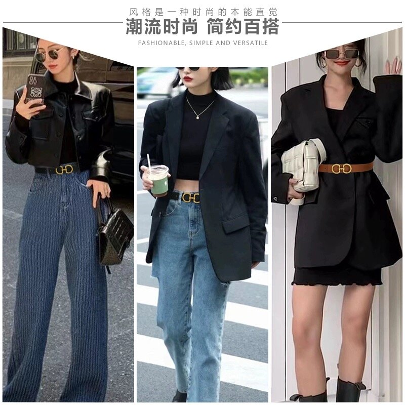 Gold Luxury Belt For Women Double Ring Metal Buckle Genuine Leather Ladies Girdle Female Coat Dresses Jeans Adjustable Waistband
