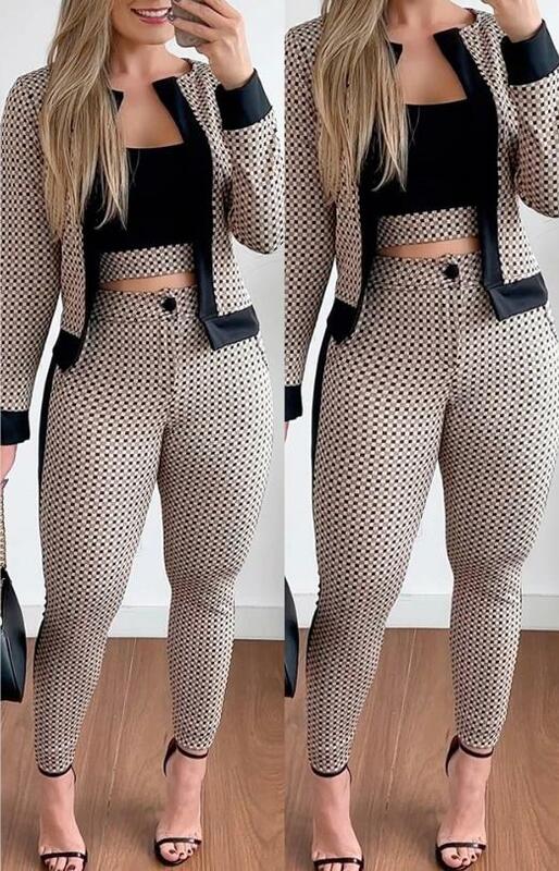Two Piece Set Women Outfit Spring Fashion Plaid Print Contrast Paneled Open Front Long Sleeve Coat & Elegant Skinny Pants Set