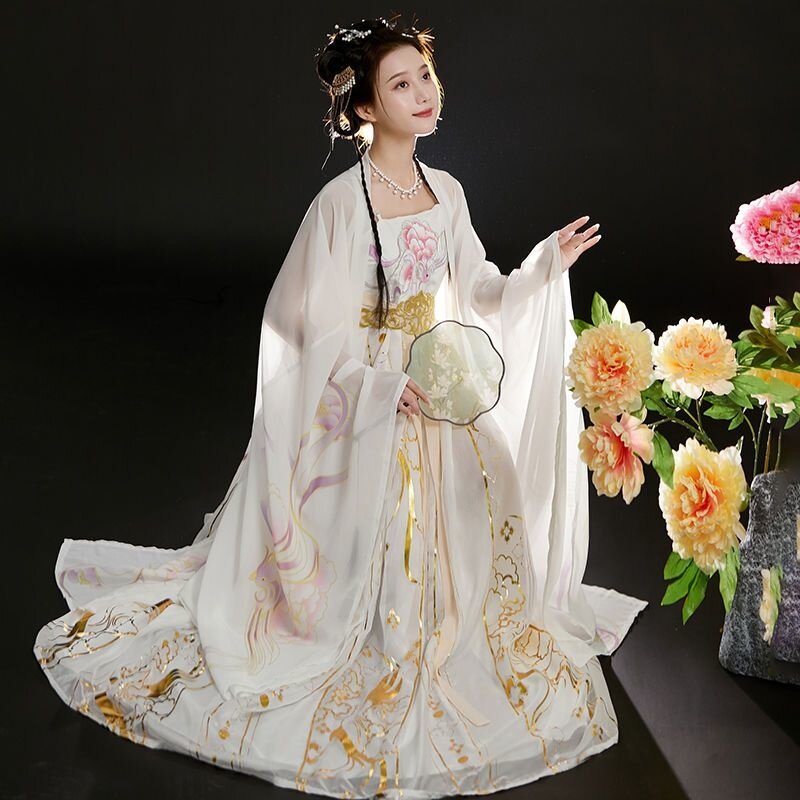 Hanfu blanco de la dinastía Tang para mujer, camisa de manga suelta, traje antiguo bordado, hada diaria, vestidos chinos elegantes