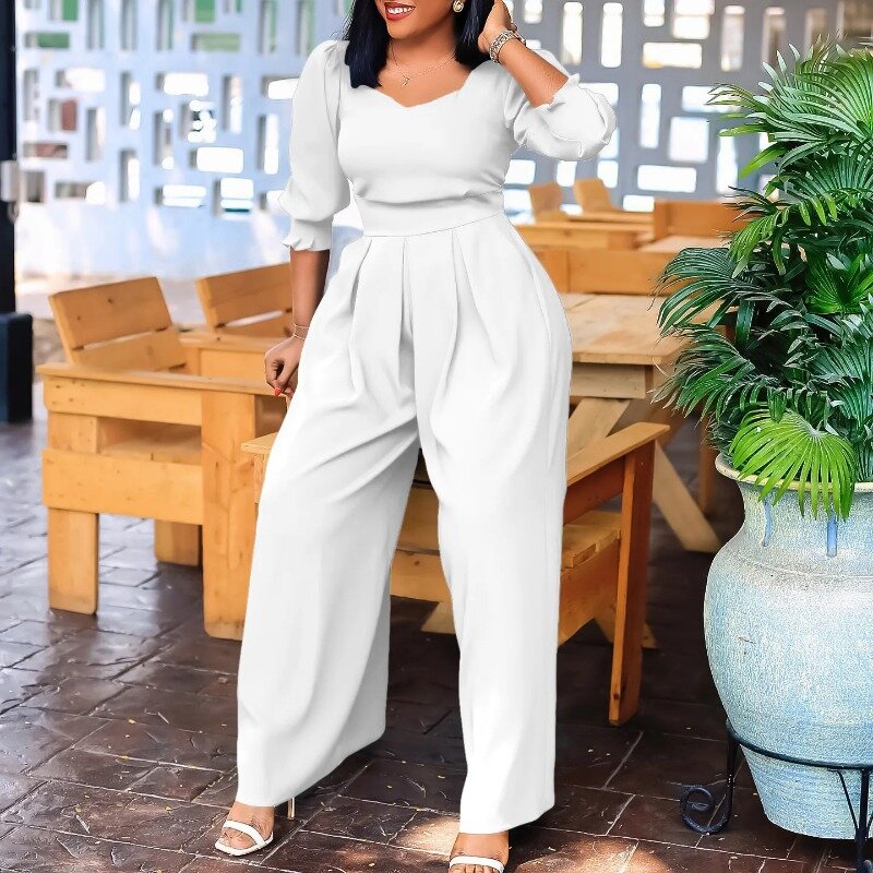 African Clothes for Women Outfits Loose Jumpsuit Fashion Streetwear 3/4 Sleeve Blue White Red Black Polyester Wide Leg Jumpsuit