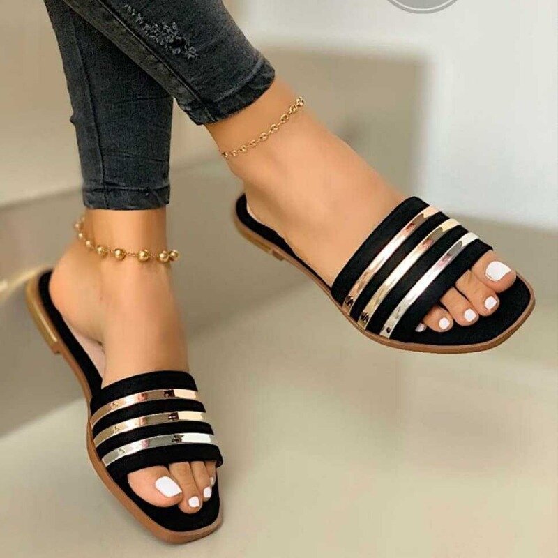 Women Slippers 2024 New Metal Striped Summer Flat Shoes Fashion Slip on Slides Outdoor Female Casual Women Sandals  Size 35-43