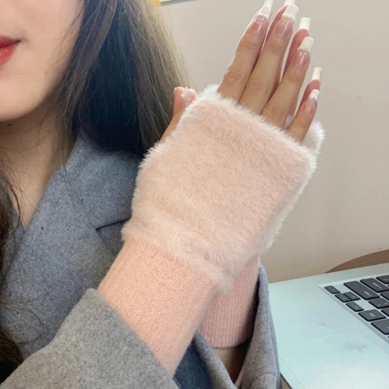 Women's Warm Wool Half Finger Gloves Winter Plush Knit Wrist Guard Solid Mittens  Finger Touchscreen Office Students Writting