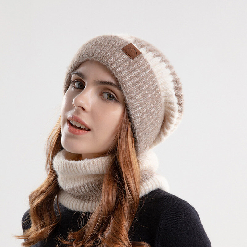 Forro de lã de lã feminino conjunto chapéu e cachecol, cor gradiente, malha pescoço polainas, manter quente, senhora, inverno, 2 peças, atacado