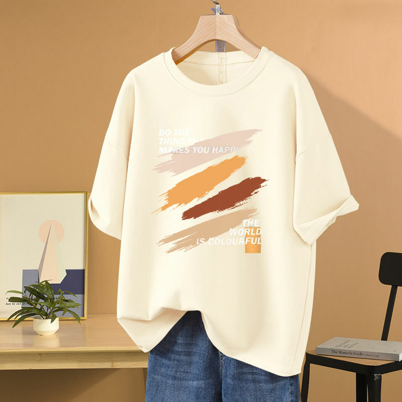 T-shirt Casual moda stampata lettera donna estate manica corta top in puro cotone o-collo allentato Basics Pullover Chic