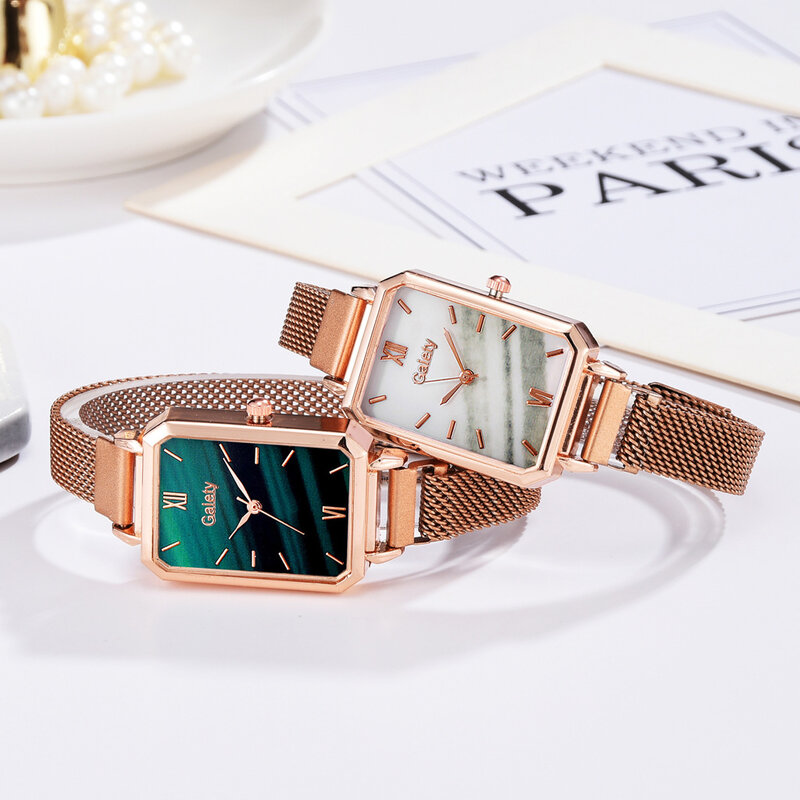 Zielona tarcza proste zegarki damskie klasyczne kwadratowe damskie zegarki kwarcowe damskie zestaw bransoletek siatka z różowego złota moda damska zegarki XFCS
