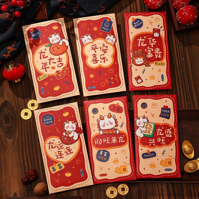 4/6card Year of The Dragon Foldable Red Pocket Envelope 2024 New Year Angpao CNY Angpaw Luck Money Bag Gilding Red Envelope