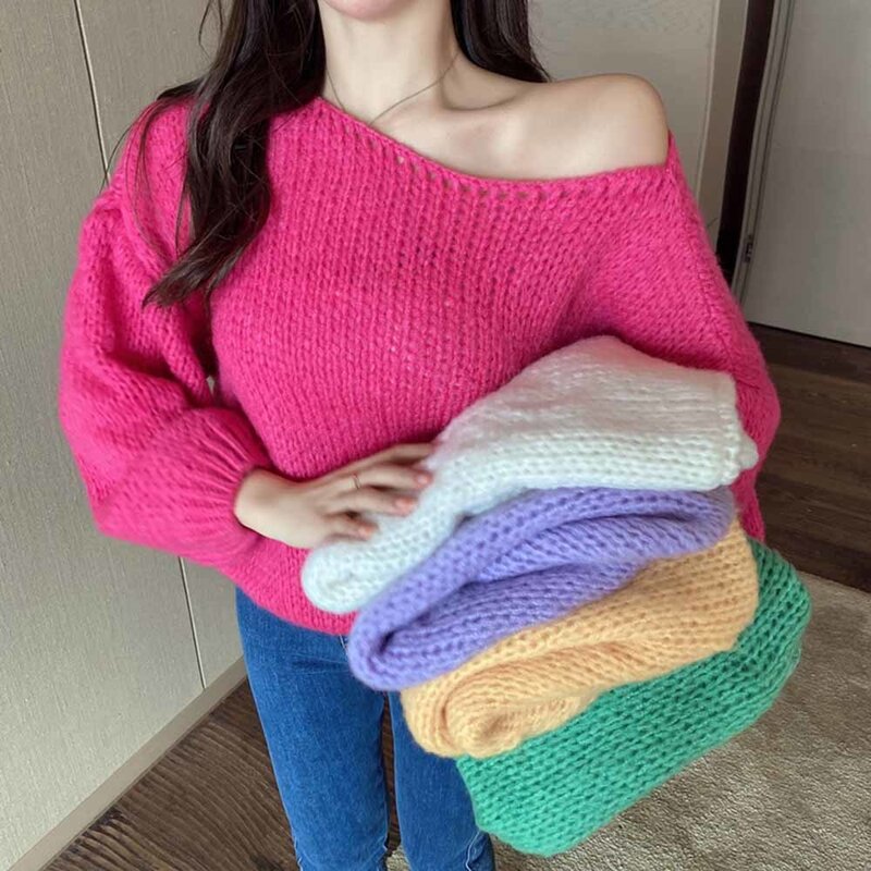 Однотонный вязаный свитер, пуловер для женщин, сезон осень-зима 2023, корейский элегантный свободный Дамский джемпер с длинным рукавом и открытыми плечами