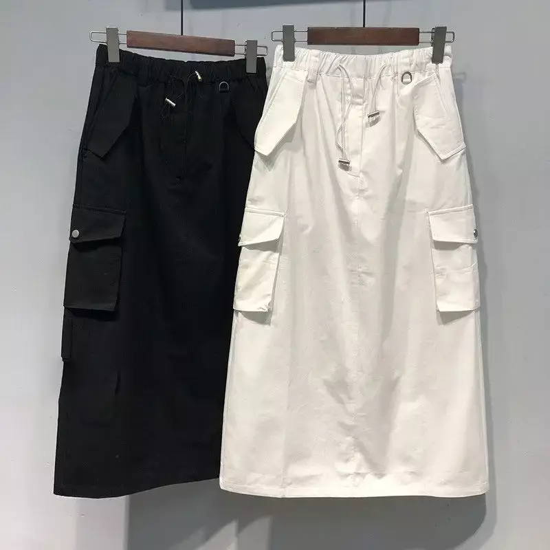New Cargo Skirts for Women Y2k Long Skirts Elastic Waist Spring Summer Drawstring Girls Full Length Skirt Black