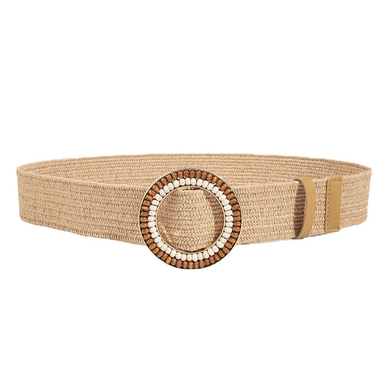 Vintage PP Grass Woven Belt for Women Summer Dress Accessorie Bohemian Style Handmade Round Wood Inlaid Bead Buckle Elastic Belt
