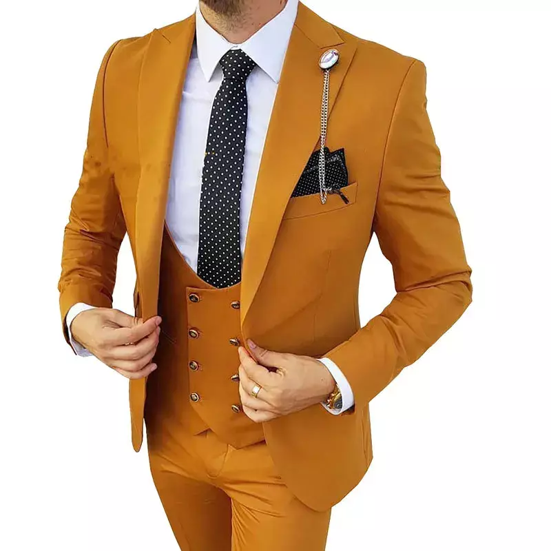 Abiti da uomo 3 pezzi arancione solido singolo un bottone Business Slim fit adatto per banchetti di nozze Set giacca gilet pantaloni