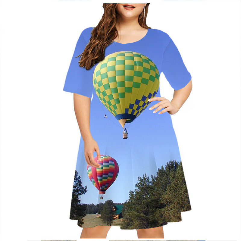 Summer Natural Scenery Print Dress Women 3D Balloon Pattern Short Sleeve Loose Dress Casual O-Neck Ladies Plus Size Dresses 6XL