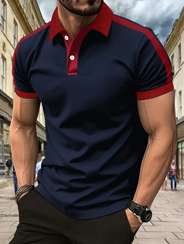 Kemeja Polo lengan pendek pria, T-Shirt kerah berkancing warna polos modis musim panas