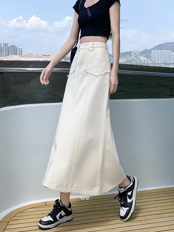 GUUZYUVIZ spódniczki dżinsowe damskie letnie dorywczo wysokiej zwężone kieszeń spódnica trzy czwarte panie koreański moda spódnica syrenka kobiet