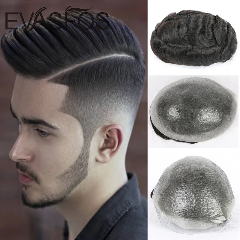 EVASFOS-Toupee de pele super fina para homens, cabelo humano natural europeu, peruca masculina, sistema capilar com prótese, 0.02-0.04mm