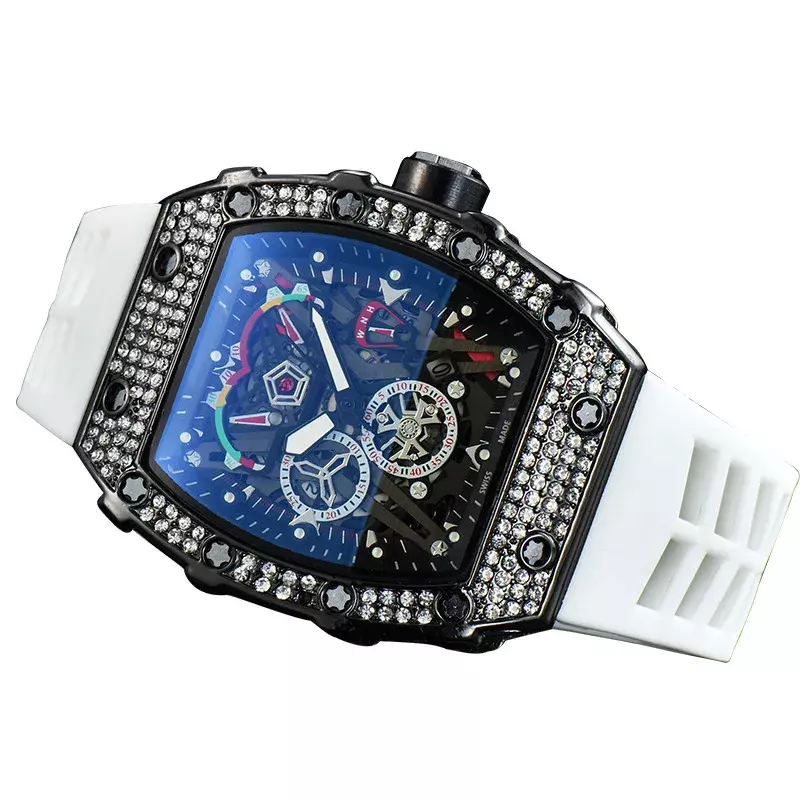 2024 nowy europejski i amerykański zegarek z wydrążoną głową duchów z diamentową inkrustowaną męskimi zegarkami mody beczka sześć pinów Quar