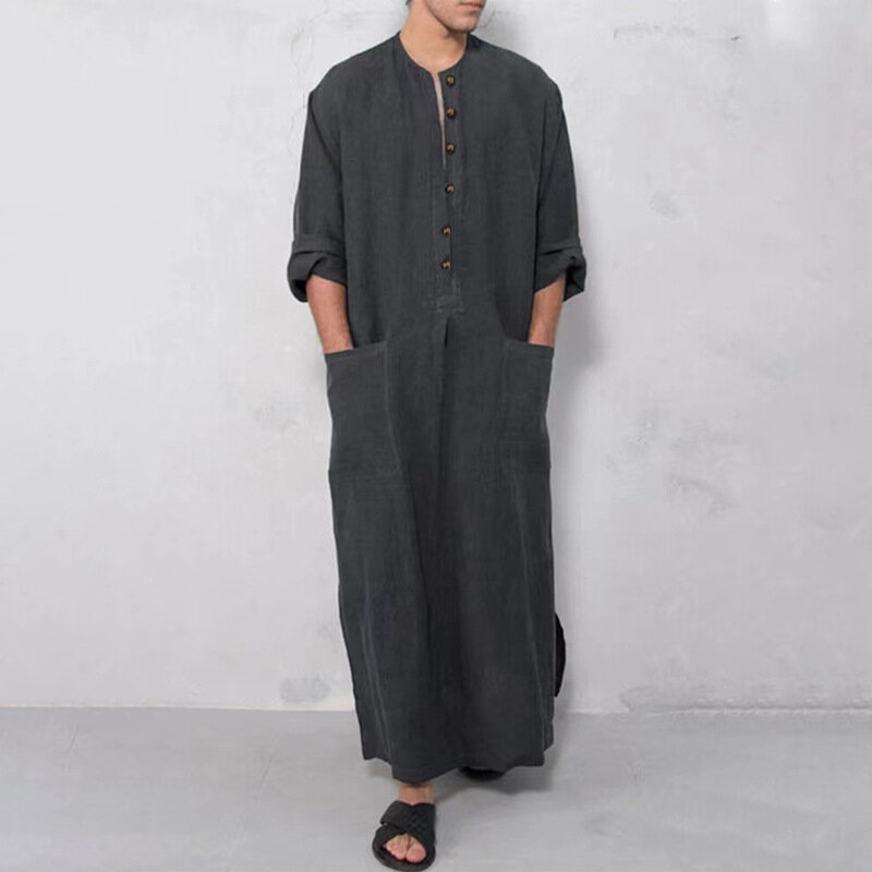 เสื้อคลุมมุสลิมสีทึบมีกระเป๋าเสื้อแขนยาวผู้ชายอาบายาสไตล์เอเชียตะวันออกดูไบตุรกีชนเผ่า jubbe thobe abayas อาหรับ Kaftan